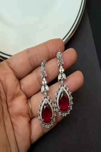 Red doublet pendant necklace set: american diamond cz silver plated party jewelry