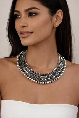 Oxidised silver layered bead necklace|tribal boho statement choker 1