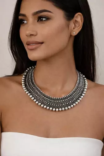 Oxidised silver layered bead necklace|tribal boho statement choker
