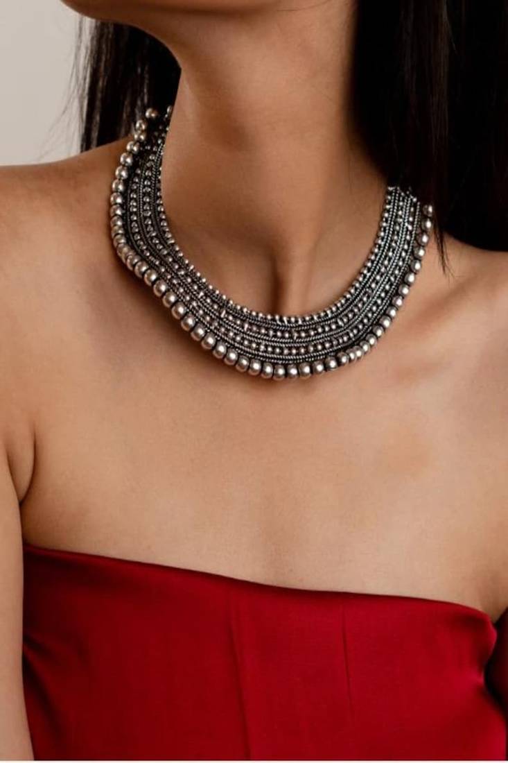 Oxidised silver layered bead necklace|tribal boho statement choker
