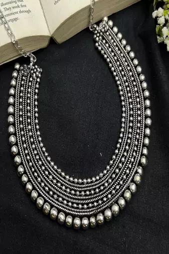 Oxidised silver layered bead necklace|tribal boho statement choker
