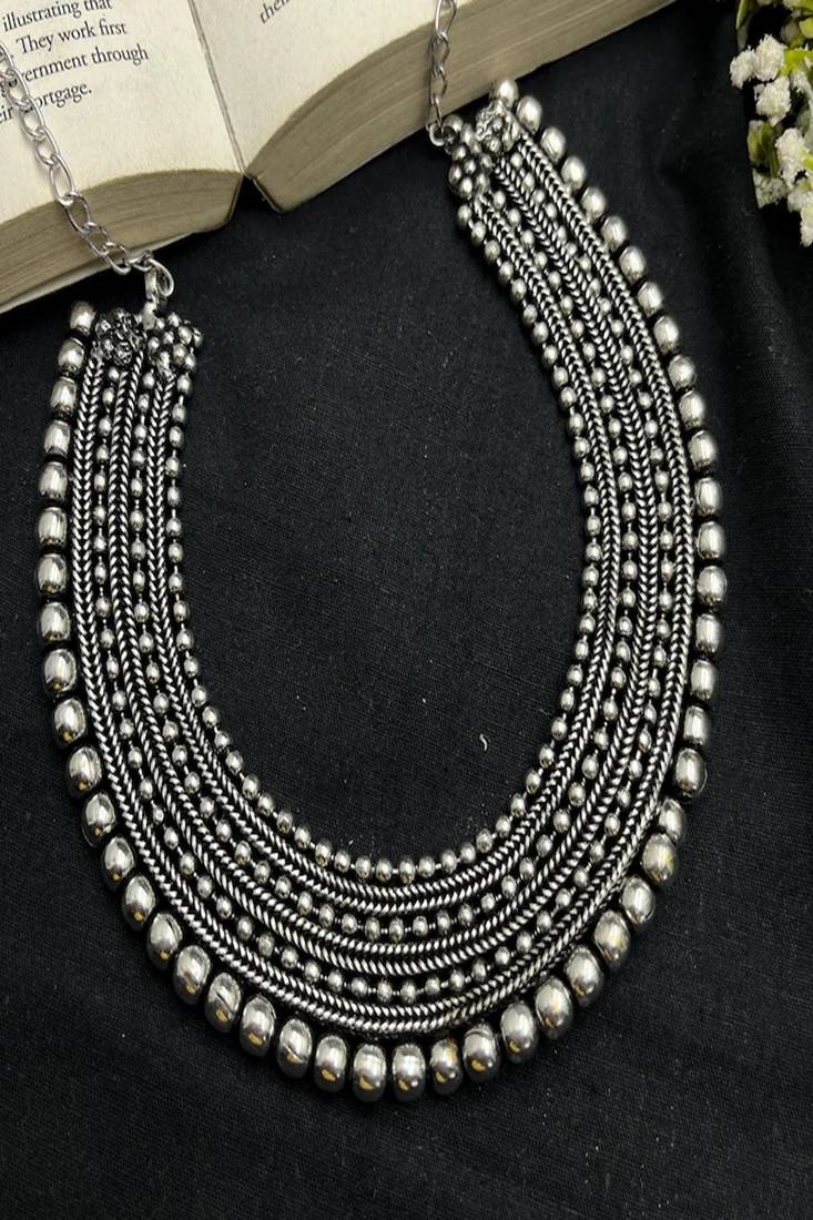 Oxidised silver layered bead necklace|tribal boho statement choker
