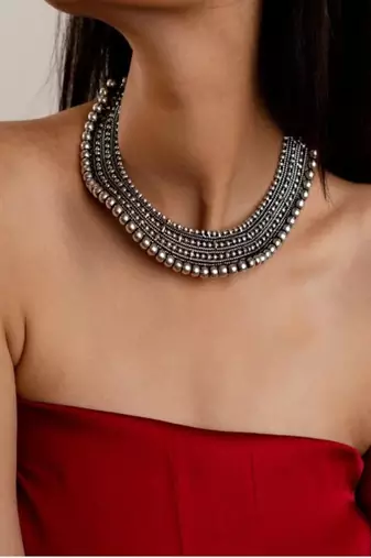 Oxidised silver layered bead necklace|tribal boho statement choker