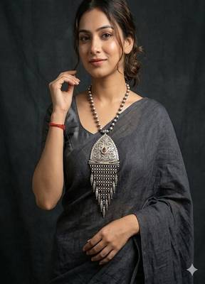 Large tribal statement necklace, oxidized silver boho pendant with kundan stone 1