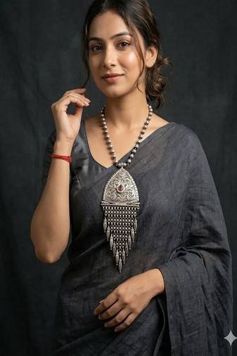 Large tribal statement necklace, oxidized silver boho pendant with kundan stone
