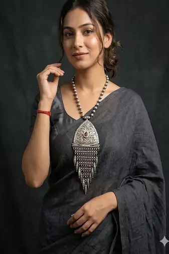 Large tribal statement necklace, oxidized silver boho pendant with kundan stone