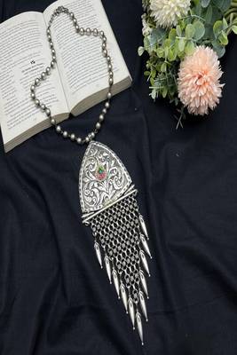 Large tribal statement necklace, oxidized silver boho pendant with kundan stone 2