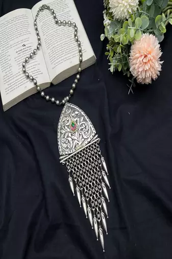 Large tribal statement necklace, oxidized silver boho pendant with kundan stone