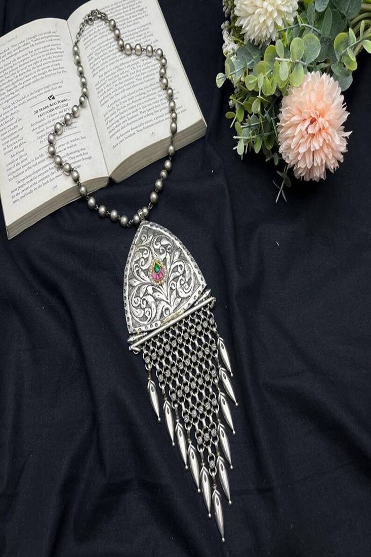 Large tribal statement necklace, oxidized silver boho pendant with kundan stone