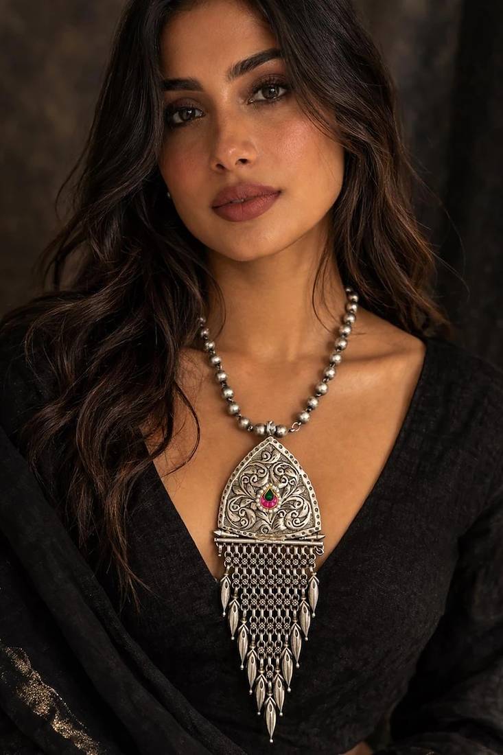 Large tribal statement necklace, oxidized silver boho pendant with kundan stone