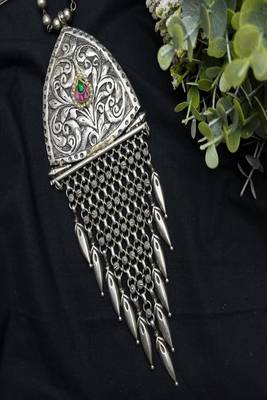 Large tribal statement necklace, oxidized silver boho pendant with kundan stone 4
