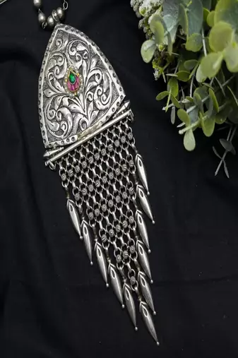 Large tribal statement necklace, oxidized silver boho pendant with kundan stone