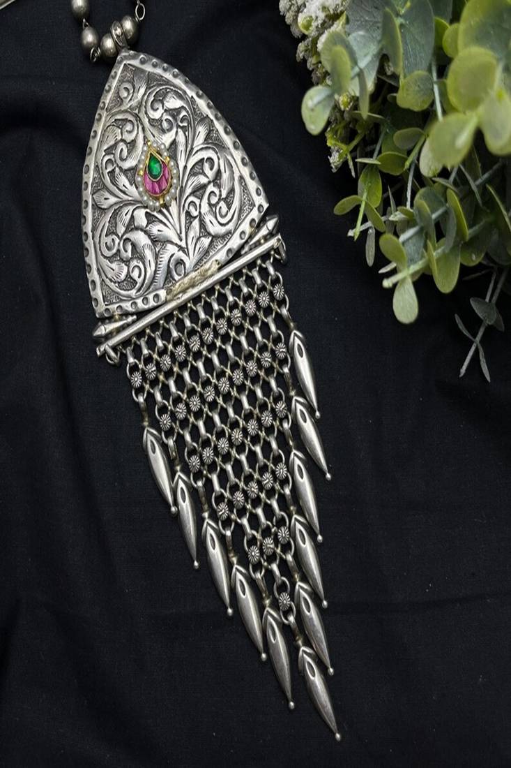 Large tribal statement necklace, oxidized silver boho pendant with kundan stone