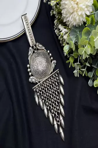 Oxidized silver chabi challa waist keychain, indian statement kamar satka boho mandala hip ornament