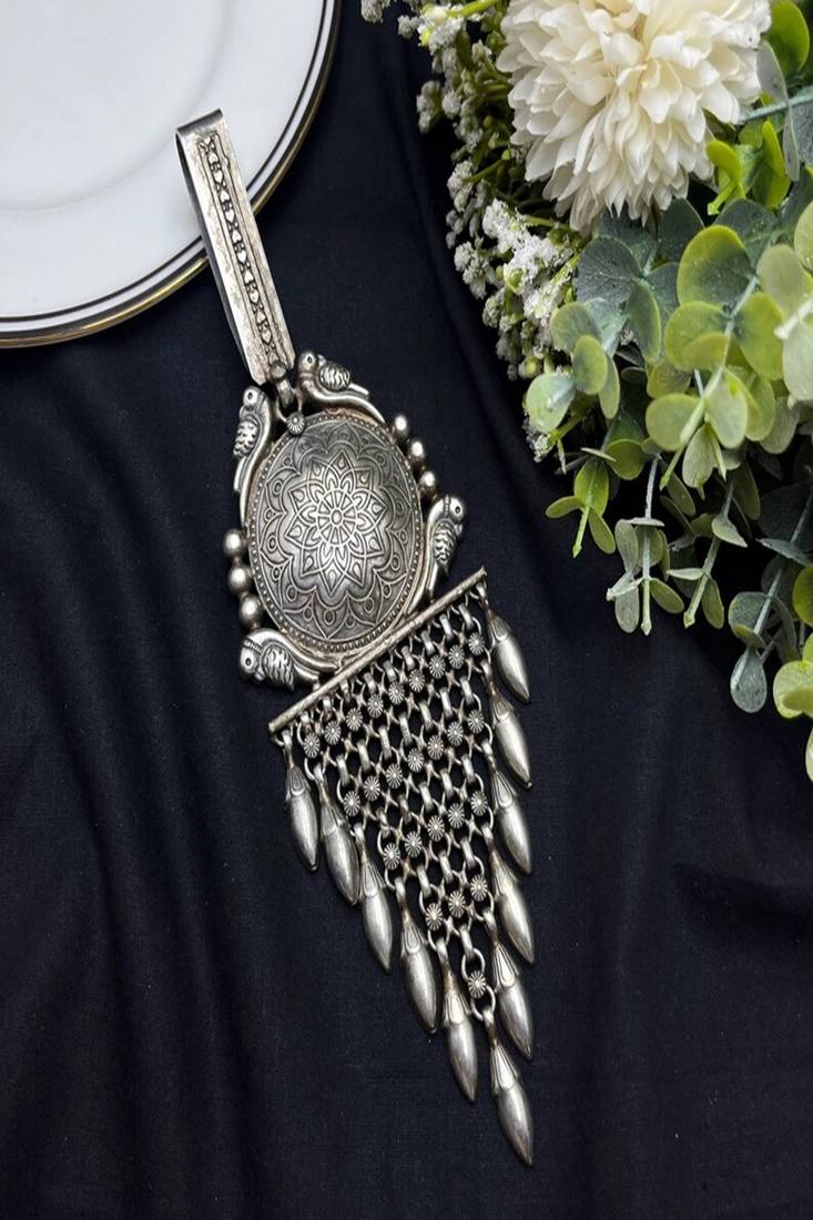 Oxidized silver chabi challa waist keychain, indian statement kamar satka boho mandala hip ornament