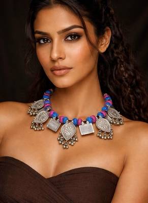Tribal silver statement necklace, boho ethnic choker with blue pink thread beads 1