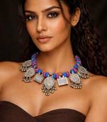 Tribal silver statement necklace, boho ethnic choker with blue pink thread beads