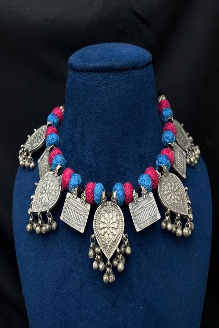 Tribal silver statement necklace, boho ethnic choker with blue pink thread beads