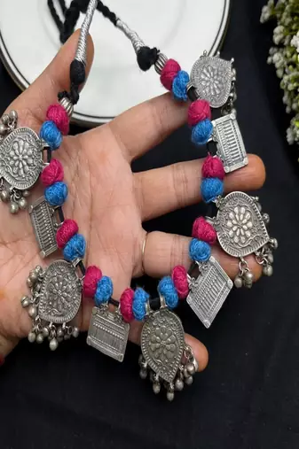Tribal silver statement necklace, boho ethnic choker with blue pink thread beads