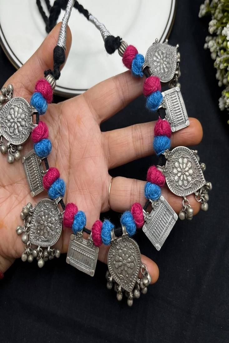 Tribal silver statement necklace, boho ethnic choker with blue pink thread beads