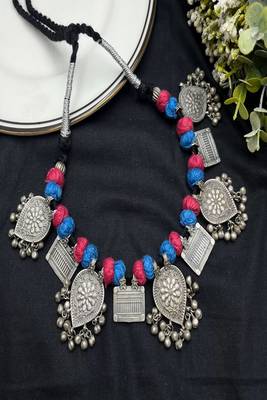 Tribal silver statement necklace, boho ethnic choker with blue pink thread beads 4