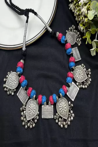 Tribal silver statement necklace, boho ethnic choker with blue pink thread beads