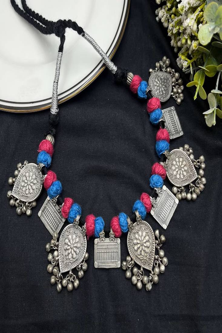 Tribal silver statement necklace, boho ethnic choker with blue pink thread beads