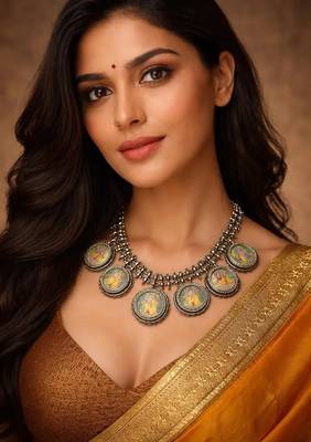 Radha krishna miniature painting necklace, oxidized silver tribal statement necklace 1