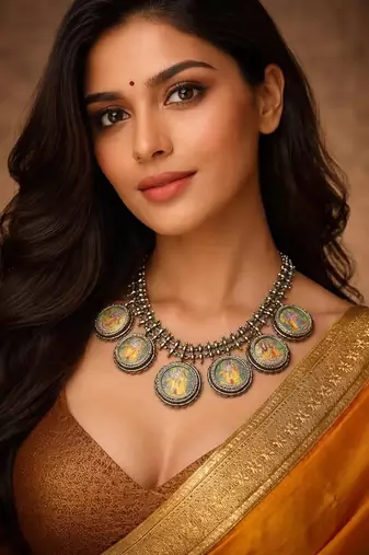 Radha krishna miniature painting necklace, oxidized silver tribal statement necklace