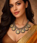 Radha krishna miniature painting necklace, oxidized silver tribal statement necklace