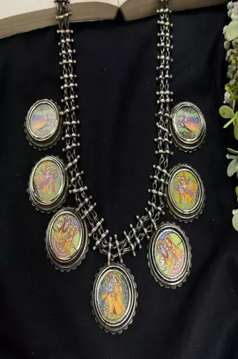 Radha krishna miniature painting necklace, oxidized silver tribal statement necklace