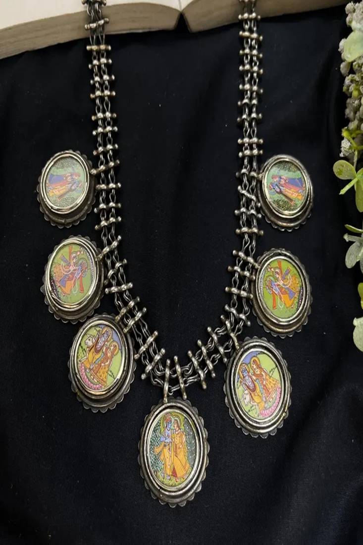 Radha krishna miniature painting necklace, oxidized silver tribal statement necklace