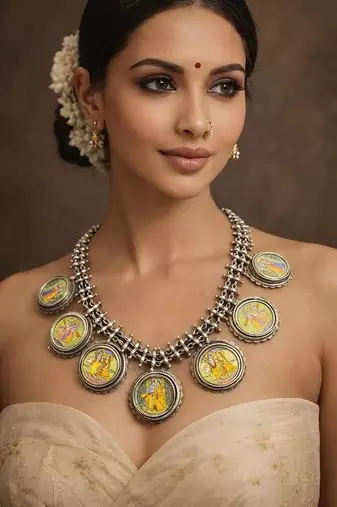 Radha krishna miniature painting necklace, oxidized silver tribal statement necklace