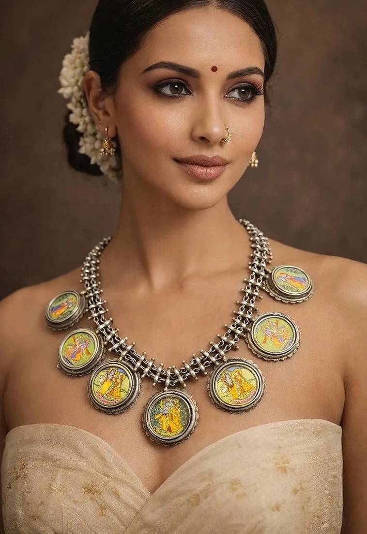 Radha krishna miniature painting necklace, oxidized silver tribal statement necklace