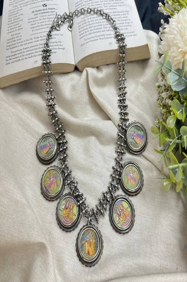 Radha krishna miniature painting necklace, oxidized silver tribal statement necklace