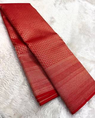 Banarasi Soft Silk Red Color Woven Women's Saree With Blouse Set 1