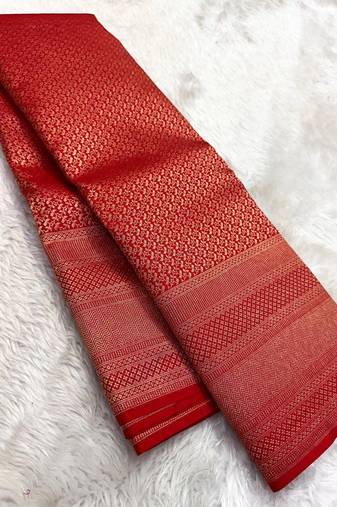 New Designer Banarasi Soft Silk Red Color Woven Women's Saree With Blouse Set