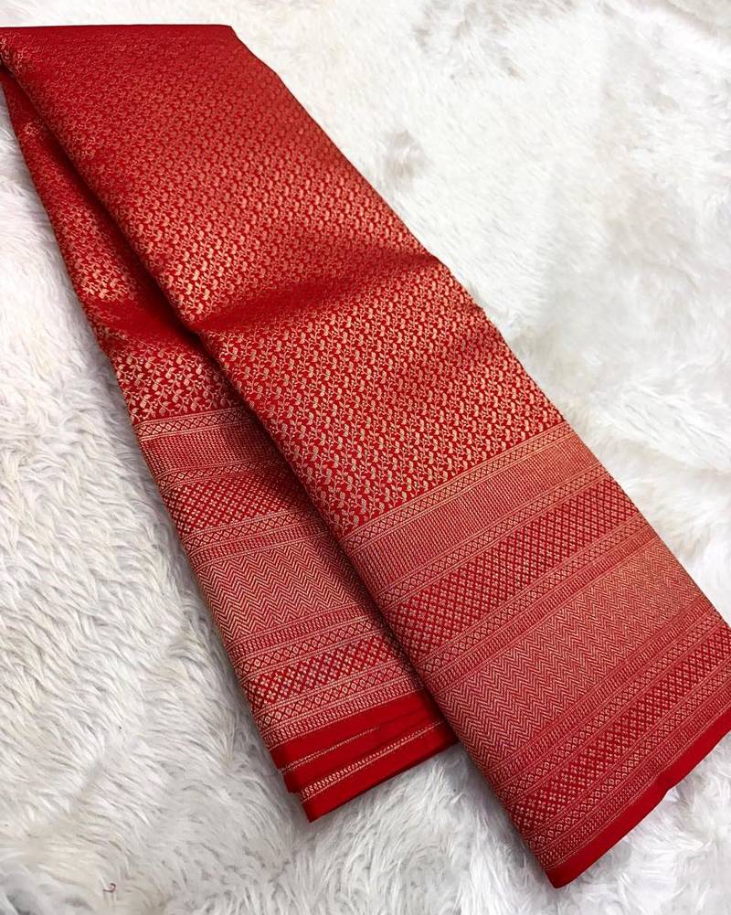 New Designer Banarasi Soft Silk Red Color Woven Women's Saree With Blouse Set