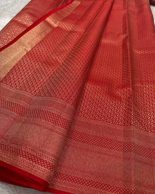 Banarasi Soft Silk Red Color Woven Women's Saree With Blouse Set 2