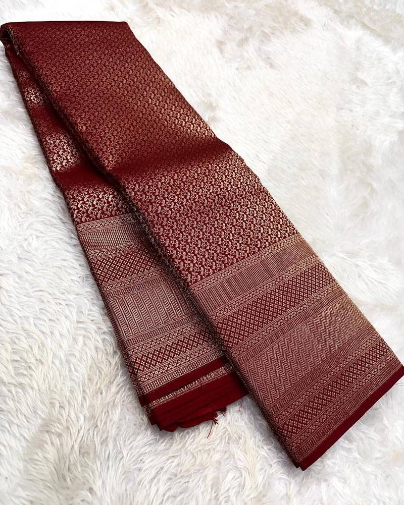 New Designer Banarasi Soft Silk Woven Brown Color Women's Saree With Blouse Set