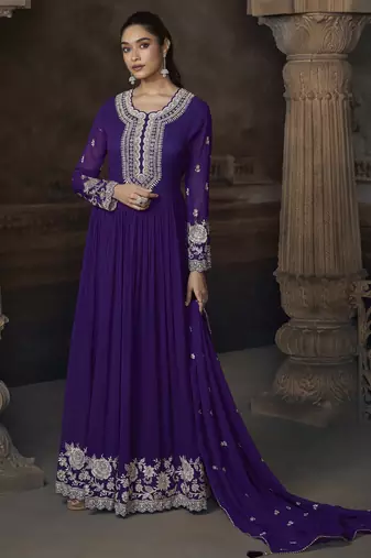Purple embroidered georgette semi-sttich wedding wear gown style with dupatta