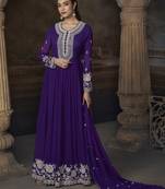 Purple embroidered georgette semi-sttich wedding wear gown style with dupatta