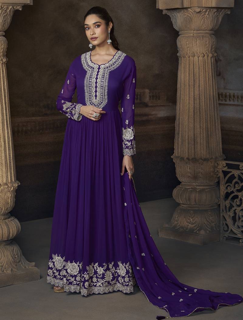 Purple embroidered georgette semi-sttich wedding wear gown style with dupatta