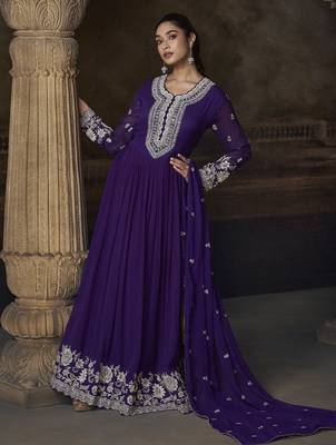Purple embroidered georgette semi-sttich wedding wear gown style with dupatta 2