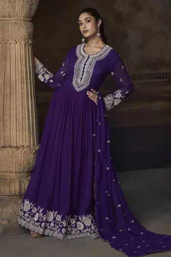 Purple embroidered georgette semi-sttich wedding wear gown style with dupatta