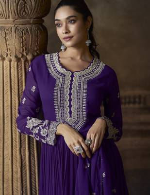 Purple embroidered georgette semi-sttich wedding wear gown style with dupatta 3