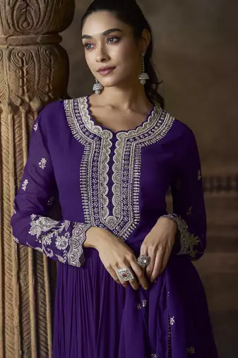 Purple embroidered georgette semi-sttich wedding wear gown style with dupatta