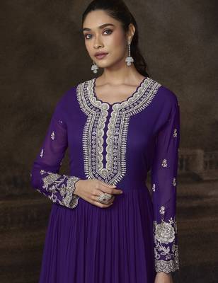 Purple embroidered georgette semi-sttich wedding wear gown style with dupatta 4