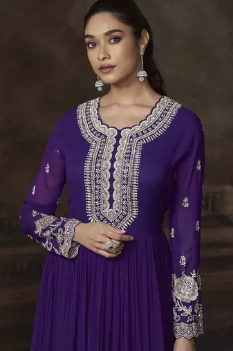 Purple embroidered georgette semi-sttich wedding wear gown style with dupatta