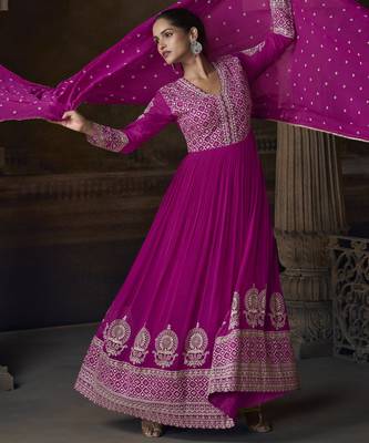 Magenta embroidered georgette semi-sttich wedding wear gown style with dupatta 1